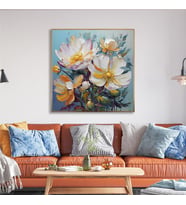 Yağlı Boya Dokulu Tablo Soyut Modern Beyaz Çiçekler Altın Çerçeveli U02032