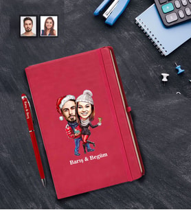 Kişiye Özel Yılbaşı Sevgili Karikatürlü Kırmızı Defter Kalem Hediye Seti Model-4