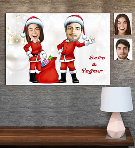 Kişiye Özel Karikatür Baskılı Ahşap Tablo Yılbaşı Sevgili-4 30x40