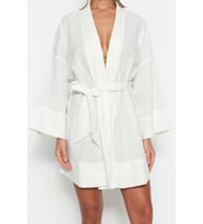 Moda Dokuma Rahat Kalıp Uzun Şal Yaka Standart Kol Flamlı Pamuk Basic Düz Desen Kimono Kaftan