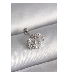 316L Çelik Gümüş Renk Zirkon Taşlı Ay Yıldız Tragus Piercing - TJ-PR1257 TG-V 7556