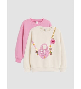 LCW Kids Ekru Bisiklet Yaka Baskılı Kız Çocuk Sweatshirt 2'li