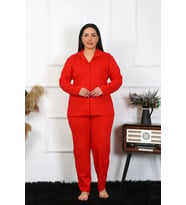 Giyim Kadın Büyük Beden Pamuklu Cepli Düğmeli Kırmızı Pijama Takım