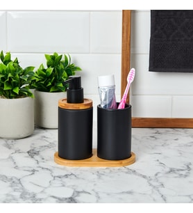 Bambu Standlı Seramik İkili Banyo Seti (Siyah)