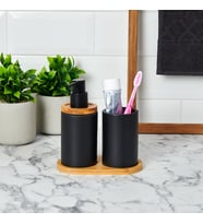 Bambu Standlı Seramik İkili Banyo Seti (Siyah)