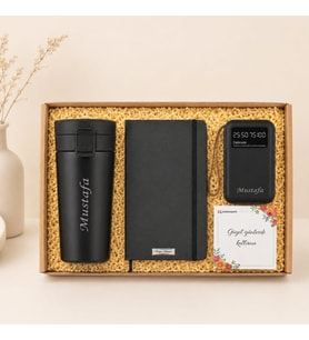 Kişiye Özel İsim Baskılı Premium Ofis Hediye Seti Termos Defter ve 10000 mAh Powerbank Hediye Kutusu