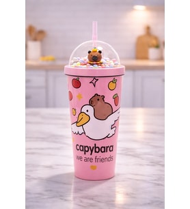550 ml Capybara Figürlü Pipetli Çocuk Termos Bardak Boncuklu Kubbe Kapaklı Sevimli Matara (Pudra Pembe)