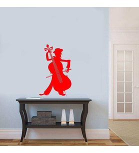Çello ve Müzisyen Silüeti Dekoratif Duvar Sticker, Çıkartma, Etiket kırmızı