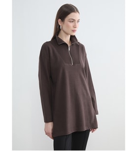 LCW Modest Kahverengi Dik Yaka Kadın Sweatshirt Tunik