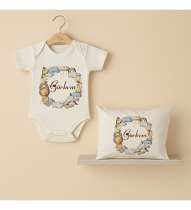 Pia Baby Premium %100 Pamuk İsme Özel Organik Baskılı Çıtçıtlı Bebek Body Ve Yastık Kılıfı 5053-19 (Ekru)