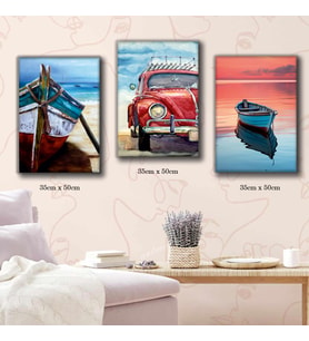 beetle vosvos tekne deniz tablosu 3 adet 35cmx50cm kumaş baskılı canvas tablo