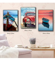 beetle vosvos tekne deniz tablosu 3 adet 35cmx50cm kumaş baskılı canvas tablo