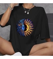 Unisex Bisiklet Yaka Baskılı Oversize T-Shirt - Siyah