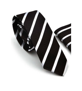 Beyaz Verev Çizgili Siyah Dokuma Kumaş Mendilli Slim Fit Kravat  / SDK-220701 (Renksiz)