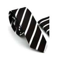 Beyaz Verev Çizgili Siyah Dokuma Kumaş Mendilli Slim Fit Kravat  / SDK-220701 (Renksiz)