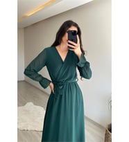 Neşeli butik kadın uzun kollu kuşaklı maxi şifon elbise NM001 (Yeşil)