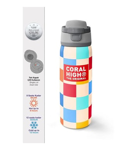 CORAL HIGH 38503 KIDS ÇOK RENKLİ DAMA DESENLİ PİPETLİ VE DİREKT İÇİM ÇELİK TERMOS 800ML