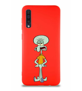 Samsung Galaxy A30S Soft Premier Kapak Squidward Dokunaç Tasarımlı Silikon Kılıf - Kırmızı (Şeffaf)