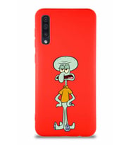 Samsung Galaxy A30S Soft Premier Kapak Squidward Dokunaç Tasarımlı Silikon Kılıf - Kırmızı (Şeffaf)