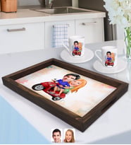 BK Gift Kişiye Özel Sevgililer Karikatürlü Doğal Ahşap Tepsi ve 2’li Kahve Fincan Seti-10