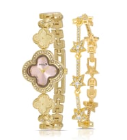 Polo Air Yonca Desenli Kadın Kol Saati Yıldız Bileklik Kombin Gold Pembe Renk PL-1560B3 (Pembe-Altın)