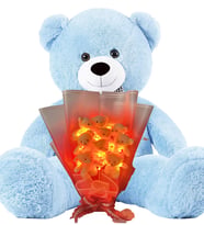 Premium 90 cm Peluş Ayı ve LED Işıklı 9'lu Kırmızı Yumoş Peluş Ayıcık Buketi (Açık Mavi)