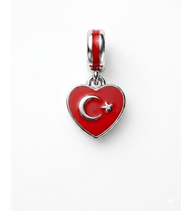 Türk Bayrağı Model Kalp Detay Gümüş Charm