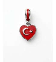 Türk Bayrağı Model Kalp Detay Gümüş Charm