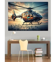Şehir Üzerinde Uçan Modern Helikopter Dekoratif Kanvas - Mdf Ahşap Tablo