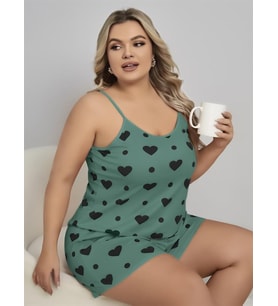 Arias Closet Büyük Beden Yeşil Kalp Desen Pamuklu Şortlu Pijama Takımı