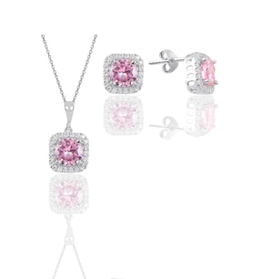 Söğütlü Silver Gümüş beyaz altın rodyumlu pembe taşlı kare ikili set