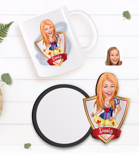 BK Gift Kişiye Özel Kadın Karikatürlü Beyaz Kupa ve Ahşap Bardak Altlığı Hediye Seti