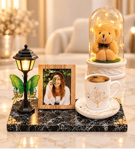 Fotoğraflı Sokak Lambalı Hayat Ağacı Porselen Kahve Fincanı ve LED Peluş Ayıcıklı Fanus