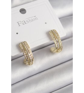 Pirinç Gold Renk Zirkon Taşlı Yarım Halka Model Kadın Küpe TJ-BKP9977