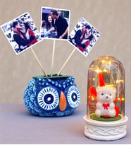 Kişiye Özel Hediye Seti 3 Fotoğraflı Mavi Baykuş Saksı ve Led Işıklı Fanus Seti (Model 5)