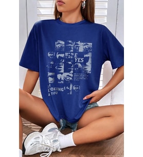 Unisex Looking Baskılı Oversize Tshirt (Mavi)
