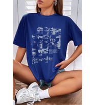 Unisex Looking Baskılı Oversize Tshirt (Mavi)