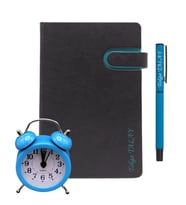Kişiye Özel Renk Detaylı Mavi Defter Mini Çalar Saat ve Roller Kalem Seti 
