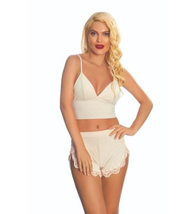 #FanteziBabydoll Viskon Penye Kaliteli Rahat Şık Gecelik Ekru Lcralı Babydoll Şortlu Takım