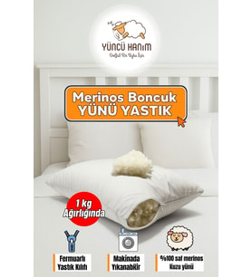 %100 Doğal Merinos Boncuk Kuzu Yünü Dolgulu Yastık 50 X 70 Cm Ebat 1000 gram (Beyaz)