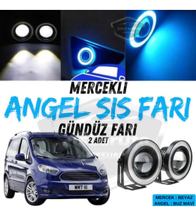 Ford Courier 2014-2023 Uyumlu Mercekli Angel Sis Farı Metal 76 mm Buz Mavi Halkalı Gündüz Farı 2 Ad