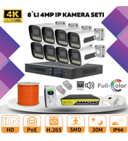 8'li Güvenlik IP Kamera Seti - 4MP Dış Mekan Kamera, 3.6mm Lens, H.265, PoE, Warm Led Gece Görüşlü (Beyaz)