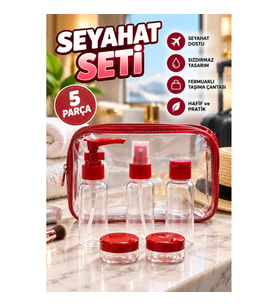 5 Parça Seyahat Kozmetik Şişe ve Krem Kabı Seti – 30 ml, Fermuarlı Taşıma Çantalı