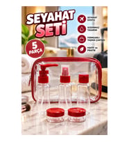 5 Parça Seyahat Kozmetik Şişe ve Krem Kabı Seti – 30 ml, Fermuarlı Taşıma Çantalı