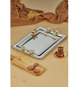 Cooker Dikdörtgen Gold Kulplu Silver Metal Tepsi Seti 2'li