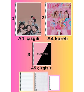 blackpink 3 adet defter seti A4 büyük boy 72 sayfa çizgili_kareli + A5 çizgisiz defter seti