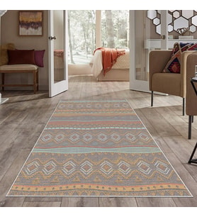 Çok Renkli Etnik Kilim Desen Yıkanabilir Kaymaz Taban Leke Tutmaz Modern Salon Halısı ve Yolluk (Turuncu)