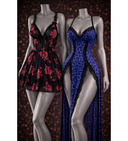 Mavi Leopar Desenli Yırtmaçlı Uzun Gecelik & Transparan Gül Desenli Babydoll Takımı (Karışık)