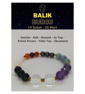 Balık Burcu Bilekliği Ametist, Akik, Aytaşı, Kristal Kuvars, Akuamarin, Yıldız Taşı, Hematit