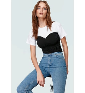 Kadın Kısa Kollu Büzgü Detaylı Fitted Pamuklu Bluz Günlük Stil Özenle Seçilmiş (Siyah)